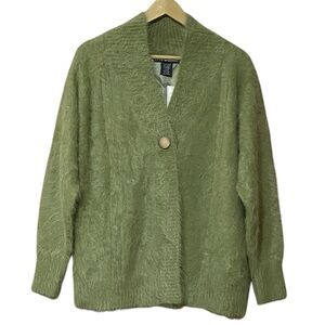 Lee Sands Angora Hair Cardigan OS Missy Pea Green  Cozycore Single Button NWT